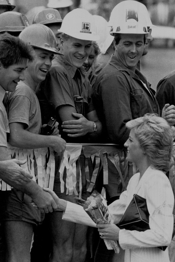 Princess Diana greets workers at Darling Harbour during construction in February  1988.