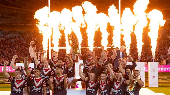 The Roosters celebrate winning the 2019 NRL grand final.