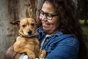 Gloria Morales reunites with Moana outside Melbourne’s Exhibition Building.