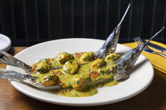 The optional seafood platter (market fish, mussels, salmon caviar and lemon-pickle-spiked butter sauce).