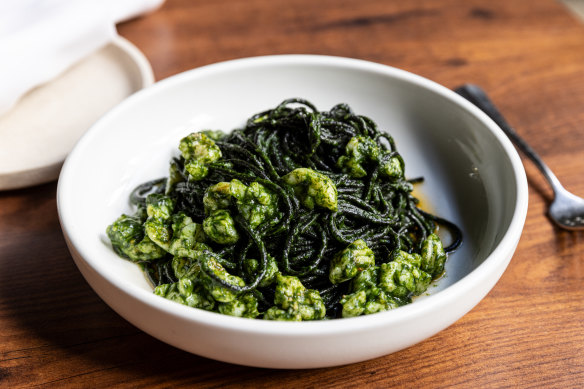 Go-to dish: Tonnarelli Nero with nettle and prawn.