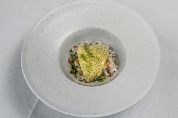 Tasmanian crab with coral custard, finger lime and makrut leaf. 