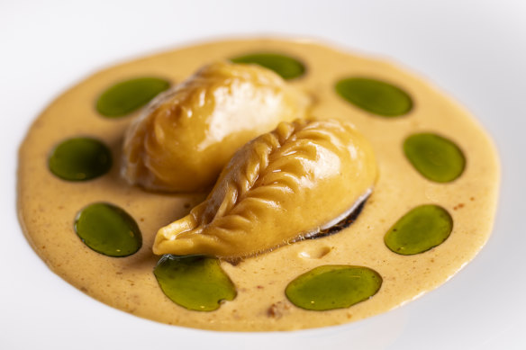 Prawn mousse-filled culurgiones in red curry, from Melbourne restaurant Bottarga.