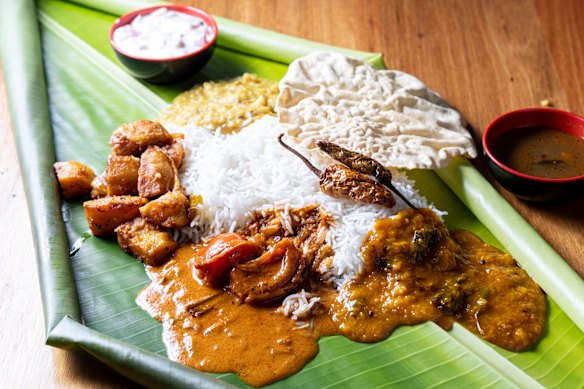 Thali on a banana leaf.