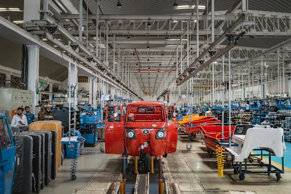 The production line of Atul Auto in Gujarat, India, manufactures a new generation of tuk-tuks, powered by batteries instead of fossil fuels.