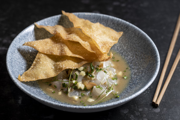 Snapper ceviche with smoked pineapple .