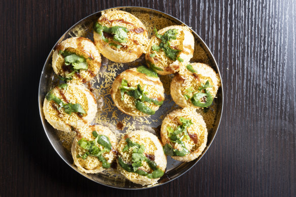 Sev puri filled with potato masala.
