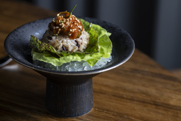 Doju’s salted calamari on seasoned rice with Geraldton wax is a fresh play on Korean flavours.