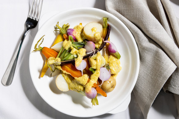 Steamed spring vegetables dolloped with mustardy vinaigrette. 