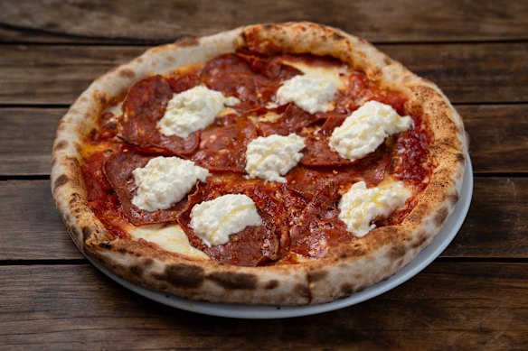 The Ode to Roberta’s pizza with fior di latte, mild sopressa, dried chilli, peninsula honey and stracciatella.