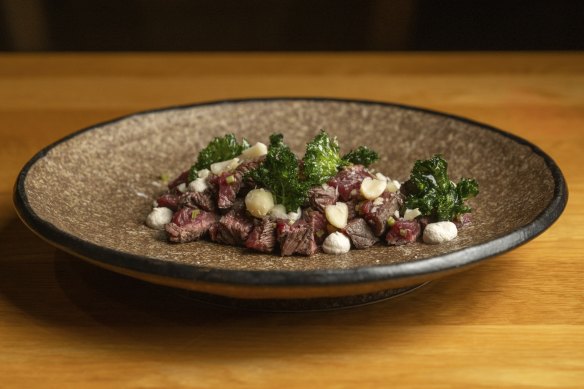 Macadamia crema, preserved lemon and fried kale add interest to the kangaroo tartare. 