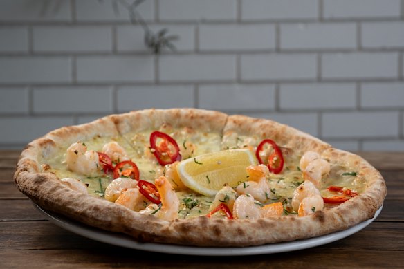 The chilli prawn pizza with fior di latte, prawn, chilli, lemon and parsley.