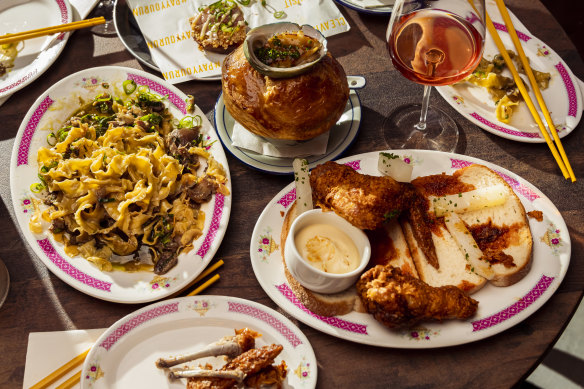 Thit kho pappardelle (left) with congee en croute and mala wings.