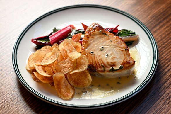 Swordfish with tarragon butter, rainbow chard and a handful of salt and vinegar potato crisps.