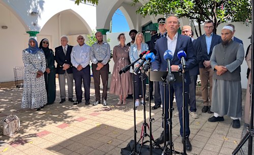 WA Premier Roger Cook addresses the media after a meeting with leaders at Perth Mosque on Saturday.