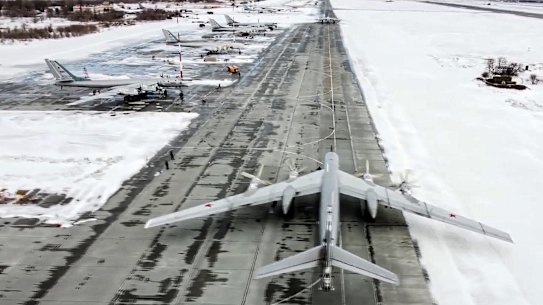 A Tu-95 bomber at a Russian airbase. Russia has intensified its military drills.