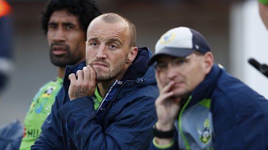 Body blow: Raider Josh Hodgson nurses a thumb injury. 