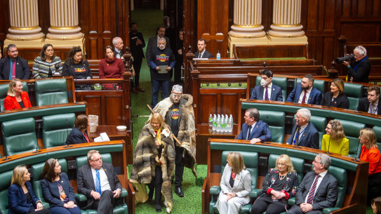 Co-chairs of the First Nations Peoples’ Assembly Aunty Geraldine Atkinson and Marcus Stewart are introduced to parliament.