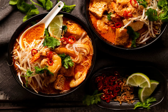Speedy prawn and noodle laksa with tofu puffs.