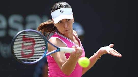 Ajla Tomljanovic returns the ball to Yulia Putintseva in the Birmingham final on Sunday.