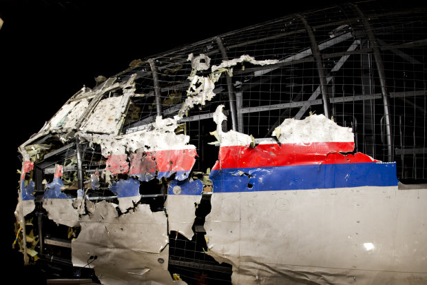 The reconstructed wreckage of Malaysia Airlines Flight MH17.