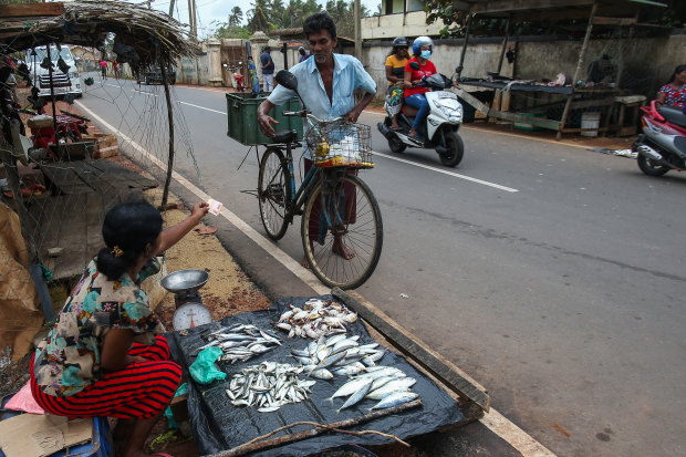 A woman sells fish by the side of the road on Sri Lanka’s central west coast.