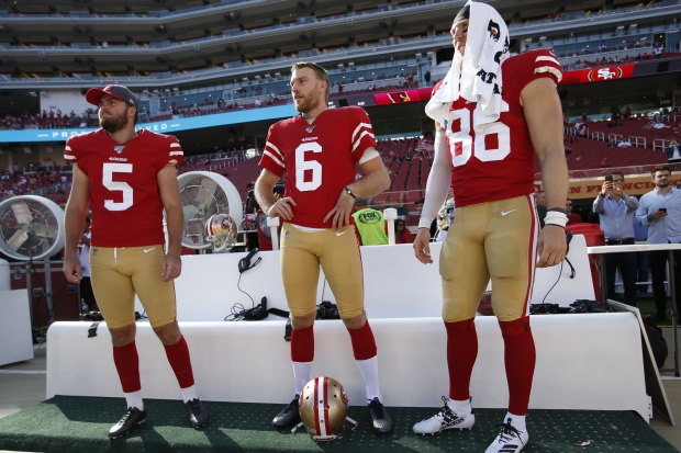 Mitch Wishnowsky, centre, from Perth is playing in the Super Bowl. 