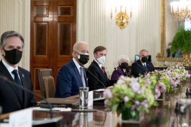 President Joe Biden in the State Dining Room of the White House in April last year with (from left) his Secretary of State Antony Blinken, National Security Adviser Jake Sullivan, Treasury Secretary Janet Yellen and Kurt Campbell, coordinator for the Indo-Pacific on the National Security Council.