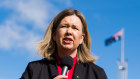 Bridget Archer outside parliament a few months ago, speaking in support of Julian Assange.