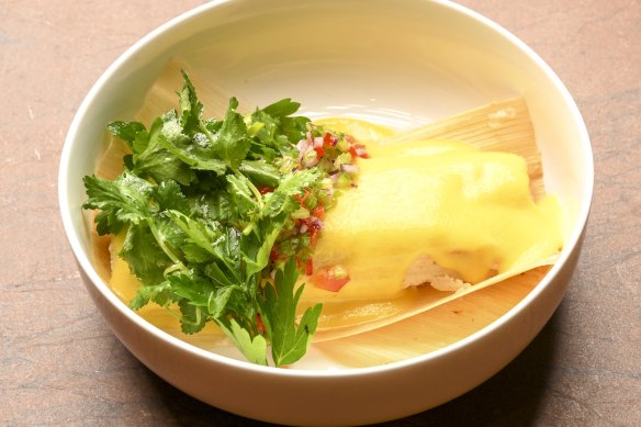 Corn tamale is a corn triple play, the ground nixtamalised corn dough steamed in corn husks blanketed by corn sauce.