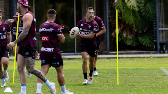 Luke Brooks trains for the first time with Manly on Friday