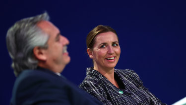Denmark’s Prime Minister Mette Frederiksen shares a laugh with Argentina’s President Alberto Fernandez. Denmark is one of the countries reportedly making the committment.