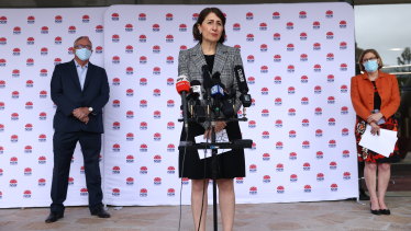 NSW Premier Gladys Berejiklian, Health Minister Brad Hazzard and NSW Chief Health Officer Dr Kerry Chant provide a coronavirus update on Saturday. 
