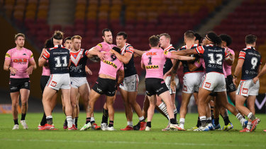 Api Koroisau sparked a melee when he ran in and pushed Jared Waerea-Hargreaves.