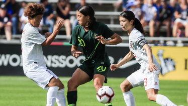 Kept quiet, but not for long: Sam Kerr was bottled up by Japan in the first half, but came alive in the second.