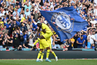 Ruben Loftus-Cheek celebrates with teammates after scoring for Chelsea.