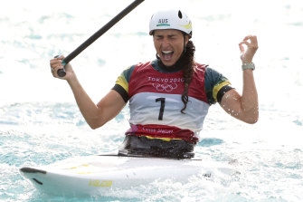 Dream come true: Jessica Fox celebrates her gold medal in the C1 at Tokyo.