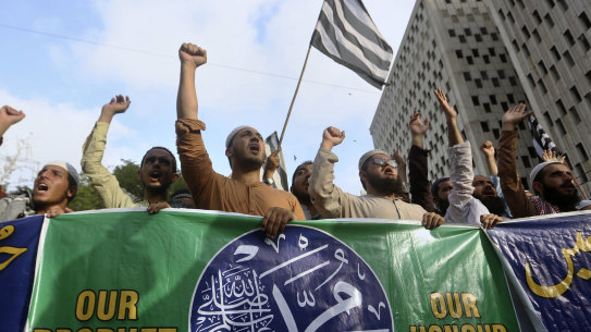 Supporters of a Pakistani religious group chant anti-Indian slogans during a demonstration in Karachi, Pakistan. 