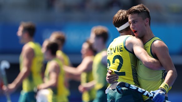 Tim Brand and Flynn Ogilvie celebrate the penalty shootout victory.