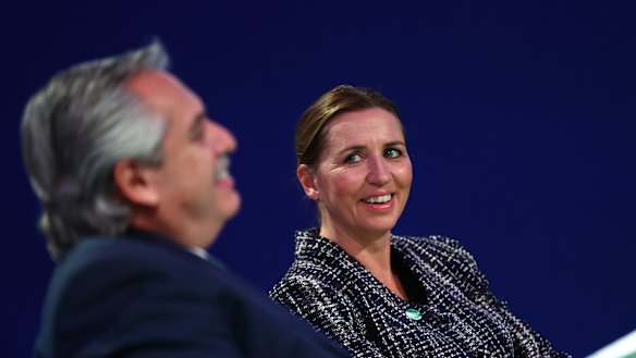 Denmark’s Prime Minister Mette Frederiksen shares a laugh with Argentina’s President Alberto Fernandez. Denmark is one of the countries reportedly making the committment.