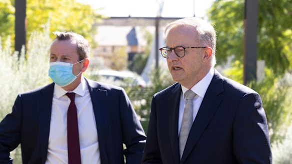 WA Premier Mark McGowan, left, with federal Opposition Leader Anthony Albanese on April 6.