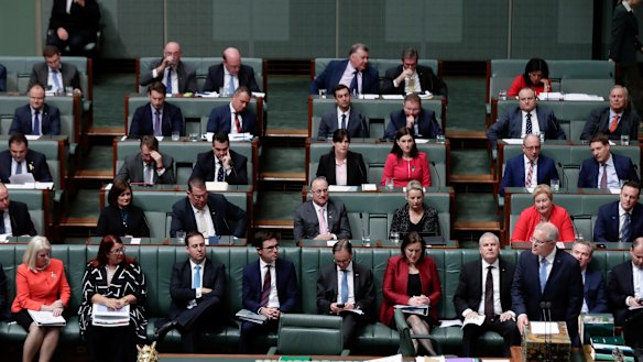 Scott Morrison and his backbench during question time on Monday.