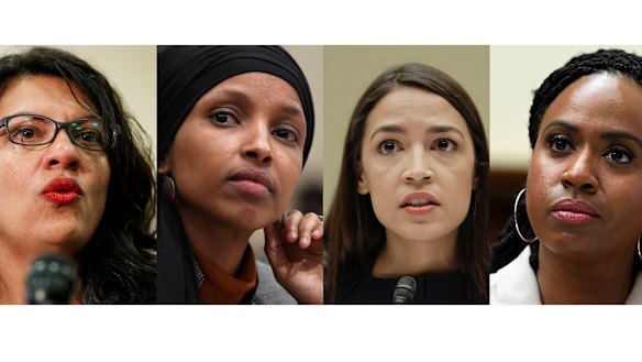 Donald Trump dug in with criticism against (L-R) congresswomen Rashida Tlaib, Ilhan Omar, Alexandria Ocasio-Cortez and Ayanna Pressley.