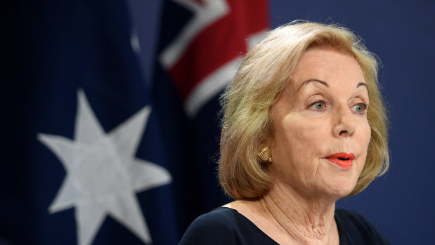 ABC chair Ita Buttrose at a press conference with Prime Minister Scott Morrison.