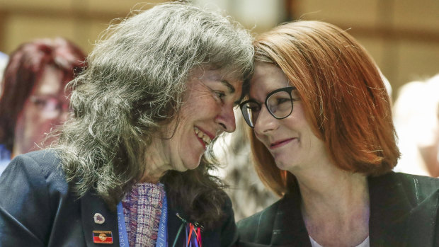 Chrissie Foster and former Prime Minister Julia Gillard during an address to survivors in the Great Hall after the National Apology to Victims and Survivors of Institutional Child Sexual Abuse in the House of Representatives.
