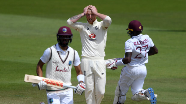 England captain Ben Stokes reacts West indies batsman Jermaine Blackwood puts more runs on the board.