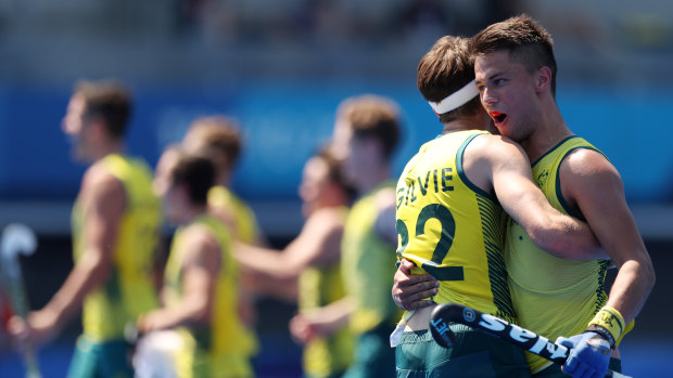 Tim Brand and Flynn Ogilvie celebrate the penalty shootout victory.