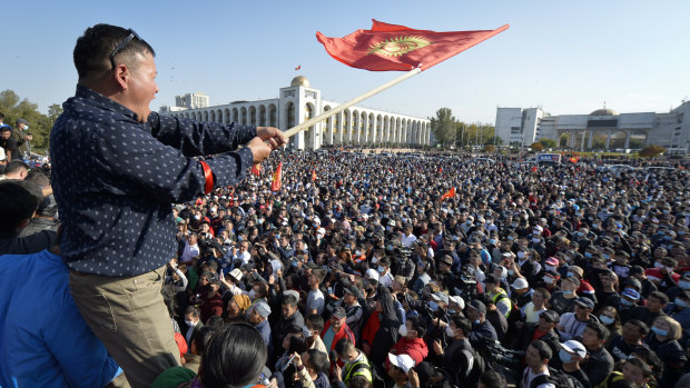 People protest during a rally against the results of a parliamentary vote in Bishkek, Kyrgyzstan.