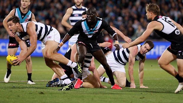 Tom Hawkins gathers the ball for Geelong.