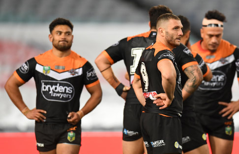 Toothless: Wests Tigers saved their worst for last as the Rabbitohs ran riot.